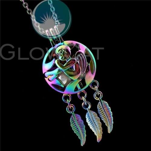 R-C824 Rainbow Color Dreamcatcher Feather Wings Angels Beads Cage Pendant Perfume Diffuser Aroma Pearl Cage Locket Necklace