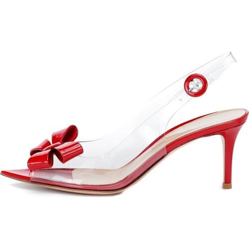 Clear PVC Thin Heels Slingback Sandals Red Bow Shoes Women Summer Ladies High Heel Peep Toe Transparent Pumps White Footwear