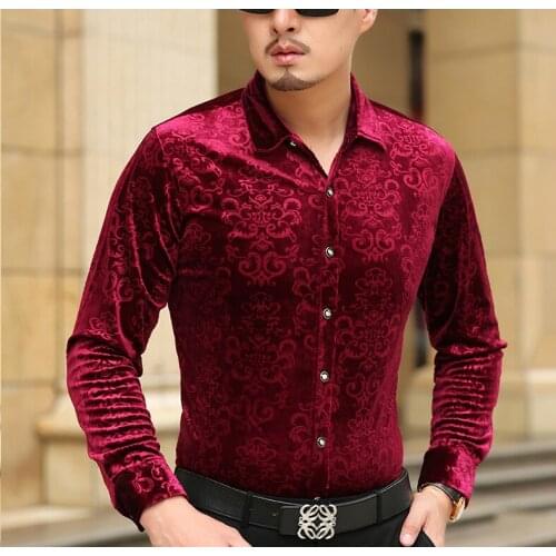 Floral Pattern Silk Dress Shirt luxury Breathable Long Sleeve Spring&Autumn Fashion Slim Velvet Shirt Business Casual Men Shirt