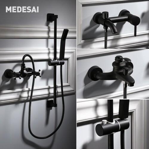 Shower Faucets Retro Black Brass Square Handheld Slide Bar Bathroom Mixer Tap Set Wall Mounted Double Handle Bathtub Faucet
