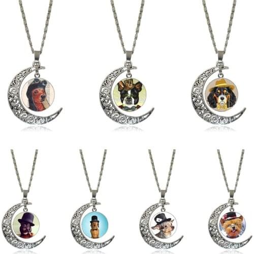 EJ Glaze Jewelry With Silver Plated Glass Cabochon Crescent Moon Choker Long Pendant Necklace For Girls Gifts Dog In Top Hat