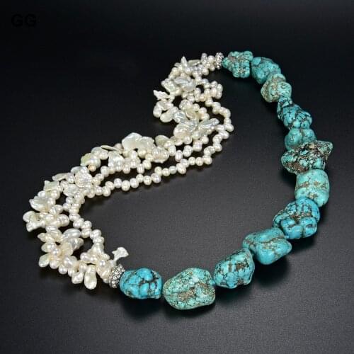 GG Jewelry New! Natural Pearl Baroque White Pearl Blue Turquoises Howlite Nugget Gems Stone Necklace For Women