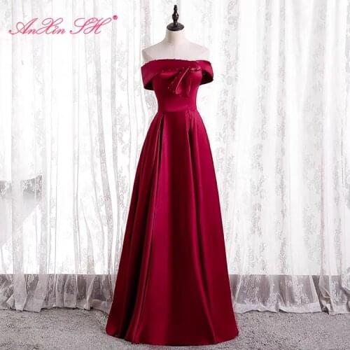 AnXin SH princess wine red satin evening dress vintage party boat neck beading crystal lace up big bow bride evening dress