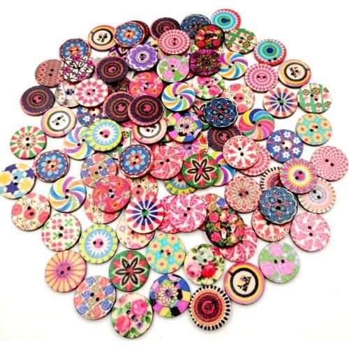 Vintage 100Pcs/lot Mixed Painting Wood Buttons For Handwork Sewing Scrapbook Clothing Crafts Accessories Gift Card Decor 20MM