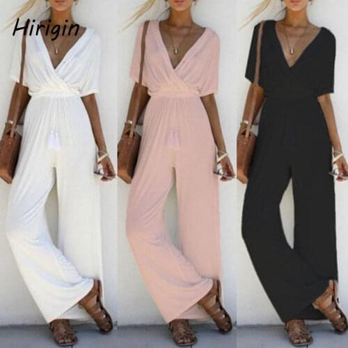 Women Short Sleeve V neck Jumpsuits for office lady solid Playsuit Bodysuit Party High Waist Loose Jumpsuit Chiffon Long Trouser