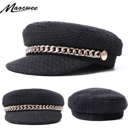Women Hats Girl Military Cap Army Hats Sailor gold necklace Decoration Newsboy Solid Color Black Spring Autumn fashion Outdoor