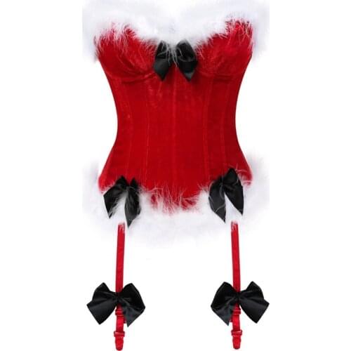 Womens Christmas Corset Mrs Santa Claus Costume Shaper Waist Slim Bowknot Sexy Velvet Corsets Bustiers Lingerie Top Red Black