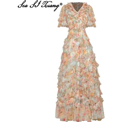 Seasixiang Fashion Designer Summer Mesh Maxi Dress Womens V-Neck Short Sleeve Ruffles Floral Print Bohemian Long Dresses