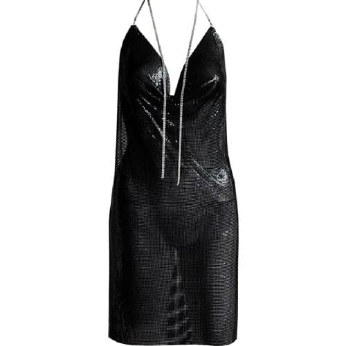 YACKALASI Women Party Dress Sex Club Halter Metal Mesh Black Night Straps Vestidos Dress