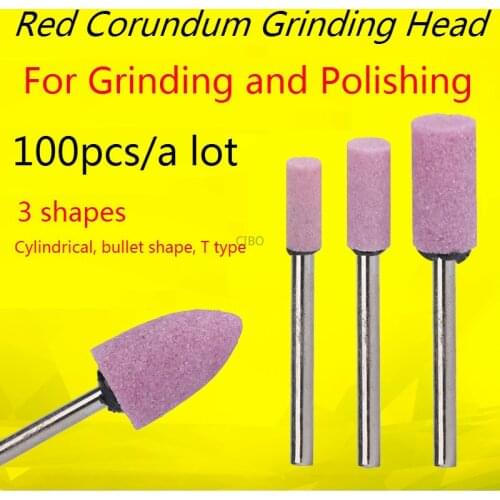 100pcs/lot Small grinding head 3mm red corundum flint stone cylindrical metal grinding mold electric grinder polishing head