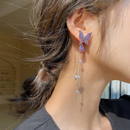 2021 New Long Sweet Butterfly Tassel Earrings Stud Korean Pearl Purple Rhinestone Elegant Geometric Hanging for Women Jewelry
