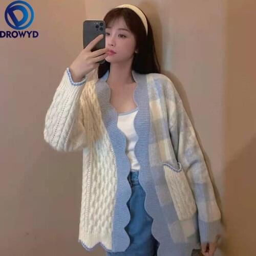 2021 Winter Knitted Cardigan Jacket Korean Loose Lazy Style Contrast Color Plaid Sweater Blouse Single-breasted Sweater Jacket