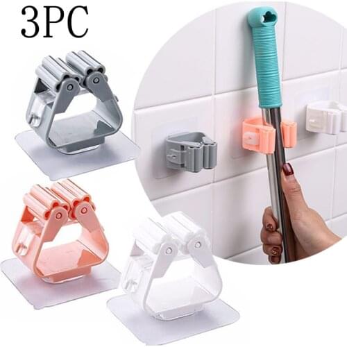 3PC Adhesive Hooks Wall Mounted Mop Organizer Holder Rack Brush Broom Home Storage Rack Bathroom Suction Hanging Pipe Hooks