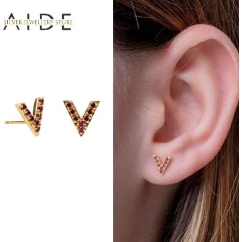 AIDE 925 Sterling Silver Crystal Stud Earrings For Women Fashion INS Letter V Zircon Piercing Earings Fine Jewelry Gift brincos