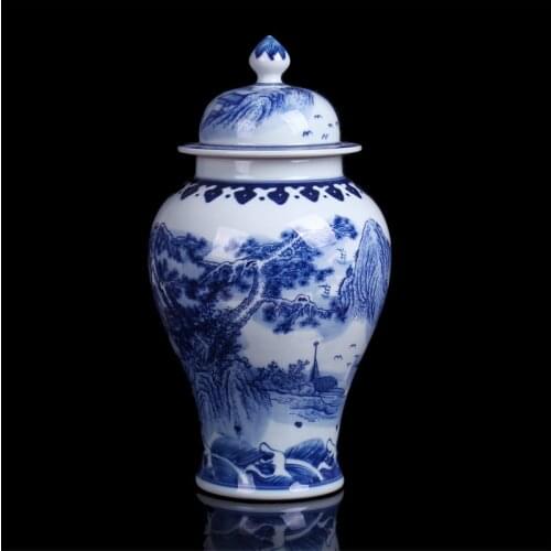 Chinese Style Antique Imposing Ceramic Ginger Jar With Landscape Patterns Home Office Decor Blue and White Porcelain Vase