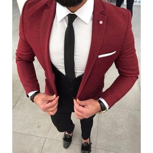 Burgundy Groom Tuxedos Peak Lapel Groomsmen Mens Wedding Dress Fashion Man Jacket Blazer 3Piece Suit(Jacket+Pants+Vest+Tie)