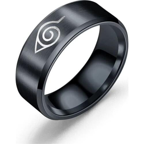 Leaf Ring Konoha Village Symbal Logo Sign Sasuke Itachi Ninja Black Fashion Titanium Steel Anime Jewelry Cosplay Women Wholesale