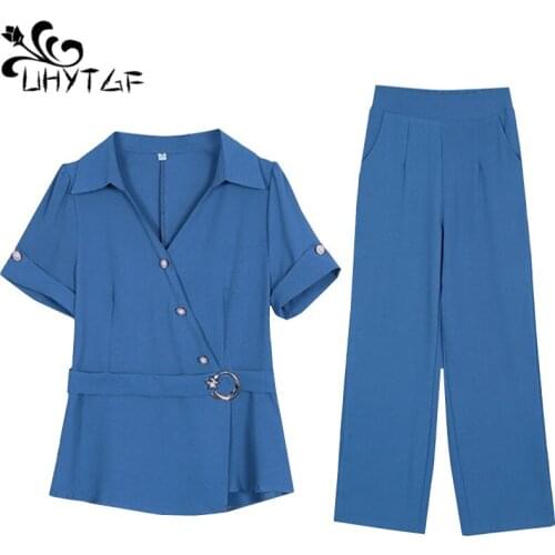 UHYTGF Summer 2 piece set women Korean fashion chiffon tops And wide leg pants feminine set temperament womens sports suit 71
