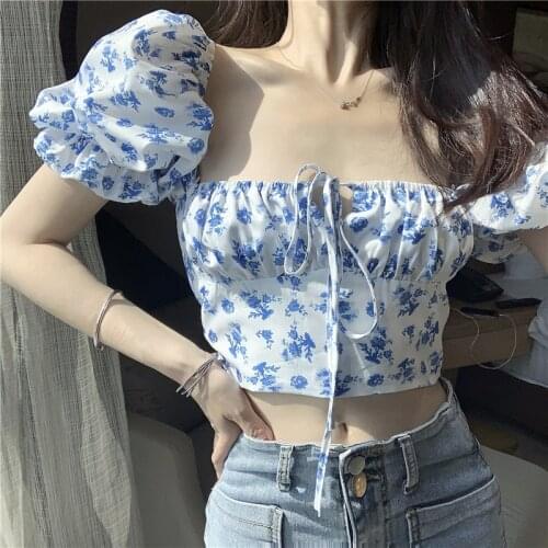 Summer Floral Shirts Chic Tops Women Sweet Square Neck Puff Short Sleeve Ruched Drawstring Crop Top Female Party Blouse 2021 New
