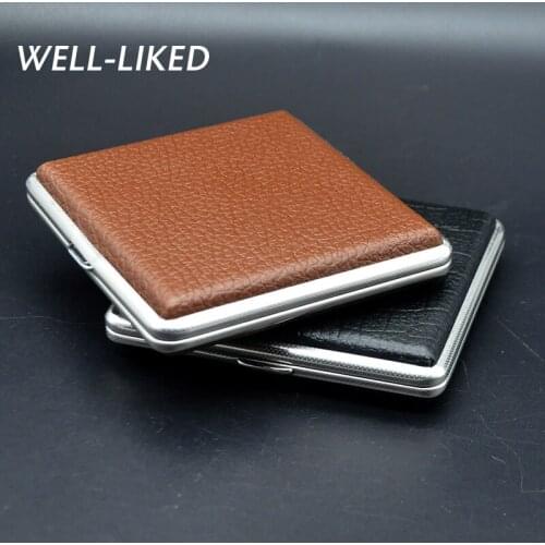 Hot Selling Holds 20 Stainless Steel Leather Cigarette Case Black Brown Color Cigarette Boxes Gifts For Man Wholesale