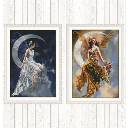The Moon Fairy DMC Cotton Thread Printed Canvas 14CT 11CT Counted and Stamped DIY Needlework Crafts Cross Stitch Embroidery Kit