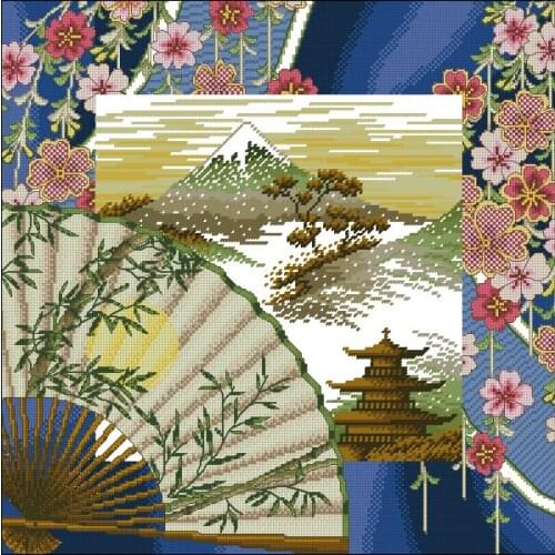 Cross stitch Handmade 14CT Counted Canvas DIY,Cross-stitch kits,Embroidery-Fan and Mount Fuji 46-46