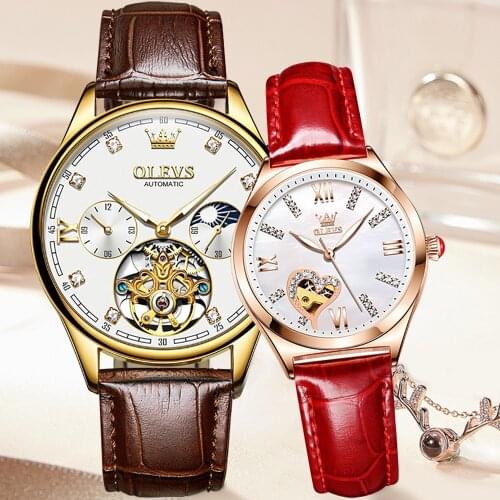 OLEVS 2021 Quality Couple Mechanical Watch Fashion Business Mens Watch Moon Phase Luminous Leather Luxury Sports Watch 3601