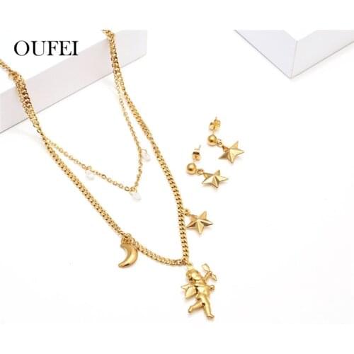 OUFEI Cupid Necklace Earrings Set Star Stainless Steel Jewelry Sets Multi Layer Necklace Fashion Jewellery Accessories