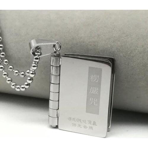 LOOKER Men Stainless Steel Indian Buddhist Scriptures Textbooks Shape Pendant Necklace Can Turn Pages Male Jewelry