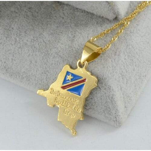 Anniyo Democratic Republic of the Congo Map Small Pendant Necklace Gold Color DRC Jewelry for Women Girl#000811