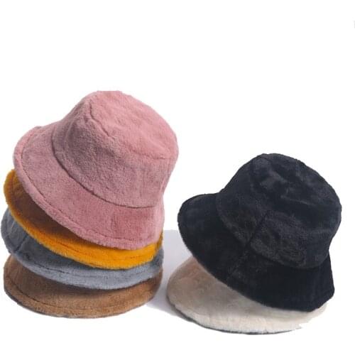 Winter Outdoor Vacation Lady Panama Black Solid Thickened Soft Warm Fishing Cap Faux Fur Rabbit Bucket Hat Women Hairy leopard