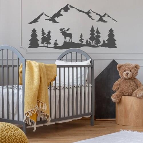 Landscape Nature Mountain Wall Decal Woodland Pine Tree Deer Moose Forest Stickers Vinyl Home Decor Nursery Kids Room Mural S254