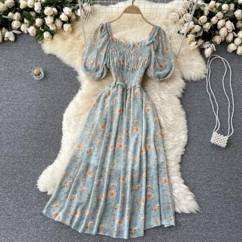 Teeuiear Boho square collar floral print chiffon long Dress summer casual elastic waist Women beach holiday elegant tunic dress