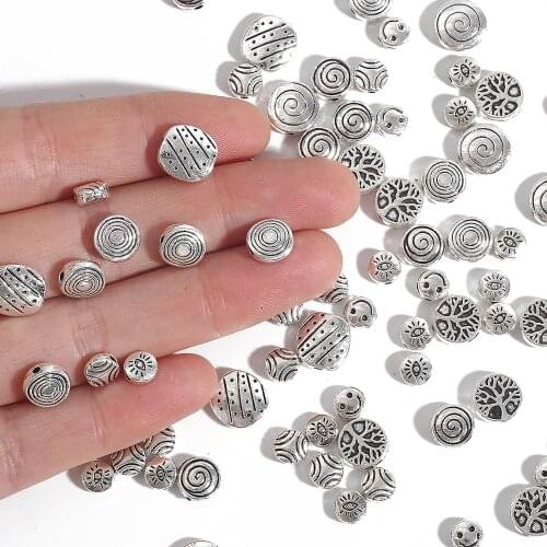 20-50pcs/lot 6-10mm Alloy Flat Round Beads Charms Antique Silver Plated Spacer Beads For DIY Earrings Necklace Jewelry Making