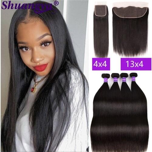 Straight Hair Bundles With Frontal 13*4 Lace Frontal With 4*4 Closure Peruvian Straight Human Hair Bundles With Frontal