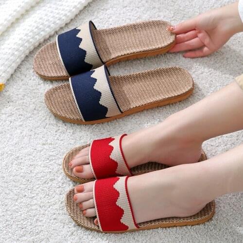 Plus Size Fashion Couples Linen Women Men Slippers 2021 Summer Slip On Slides Indoor Slippers Bohemian Beach Shoes Flip Flops