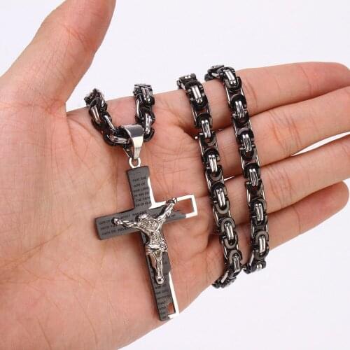 Religious Mens Silver Black High Quality Stainless Steel Jesus Christ Bible Cross Pendant Byzantine Necklace 18"-30"