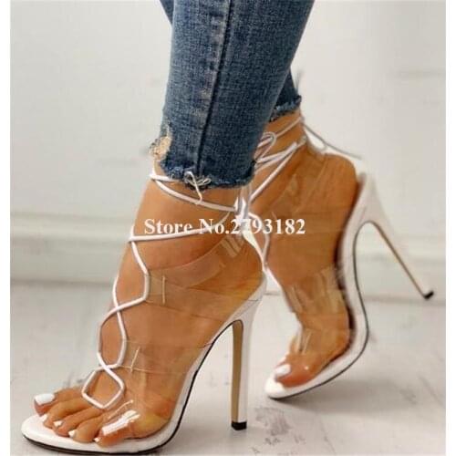 Newest Fashion Women Open Toe PVC Stiletto Heel Gladiator Sandals Transparent Lace-up White High Heel Sandals Dress Shoes Heels