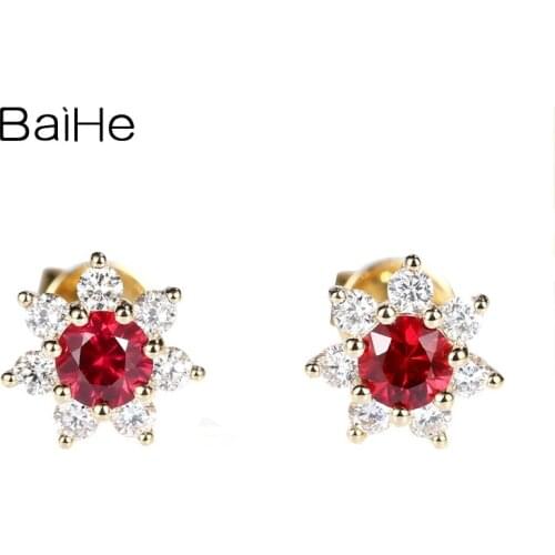 BAIHE Solid 14K Yellow Gold Natural Ruby Natural Diamonds Sun Flower Stud Earrings Fine Jewelry Engagement серьги Wedding Gift