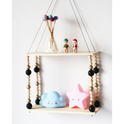 Nordic Home Decor Wall Background Baby Room Hanging Bead Wooden Shelf Decor Handcrafted Double Storage Wall Shelf Book Shelves