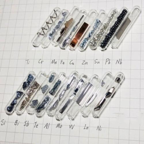 Glass seals of 40 element samples Tb Te Tm Bi Ni Al Pb Cr Sn Ti Mn Fe Cu Mo W etc. collected from the periodic table