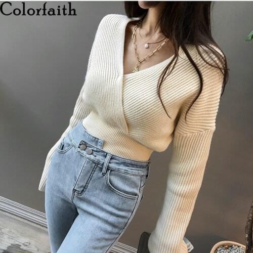 Colorfaith 2021 Autumn Winter Women Sweater V-Neck Sexy Pullovers Minimalist Short Knitted Elegant Korean Ladies Jumpers SW8556