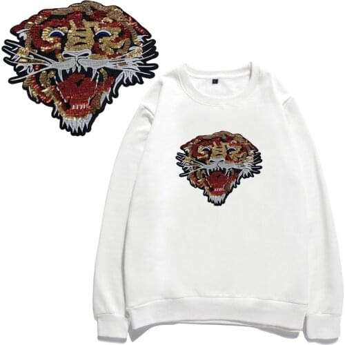 Sequined Tiger Iron on Patches for Clothes DIY Garment Accessories Big Hand Eye Sequins Embroidery Sewing Applique Colorful