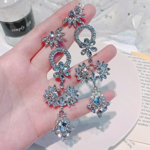 Korean New Trendy Style Luxury Shiny Crystal Waterdrop Flower Dangle Earrings For Women Girl Elegant Party Jewelry