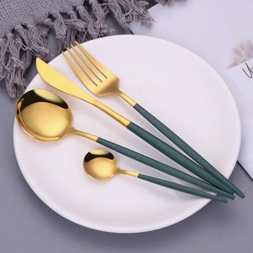 Green Gold Knife Fork Spoon Tableware Travel Cutlery Stainless Steel Cutlery Set Kitchen Utensils Dinnerware Western Cutlery
