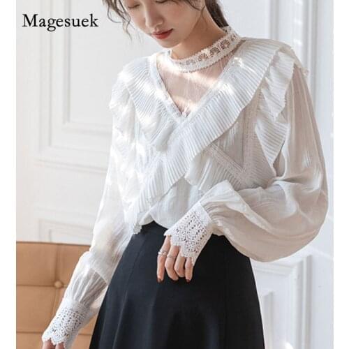Spring Elegant Mesh Stitching Ruffle Blouse with Lace Long Sleeve Stand Collar Womens Shirts Hollow Flower Tops Blusas 16801