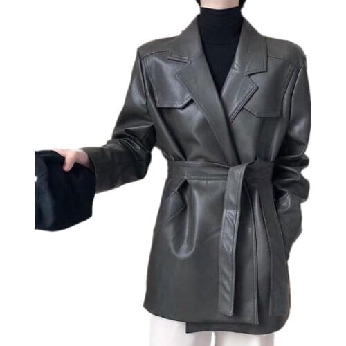 2020 autumn fashion belted pu jacket women turn down collar loose top coat