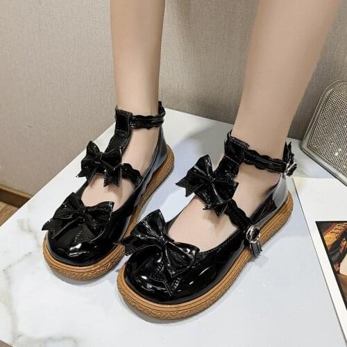 Rimocy Sweet Lovely Bowtie Lolita Shoes Women 2021 New Round Toe Ankle Strap Mary Jane Shoes Woman Patent Leather Flat Jk Shoes