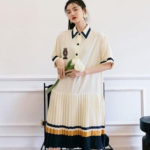 Women Summer Fresh Preppy Style ElegantSlim Pleated Midi Dress Korean Sweet Embroidery Badge Casual Loose Beige ShortDress