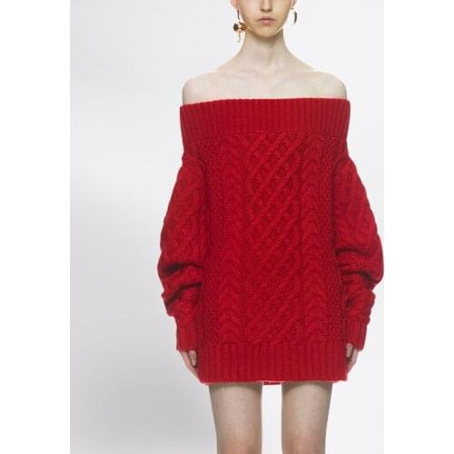 See Orange Sweet Spring Red Sweater Dress Sexy Slash Neck Women Bodycon Dresses 2018 Fashion Show Lantern Sleeve Slim Dresses